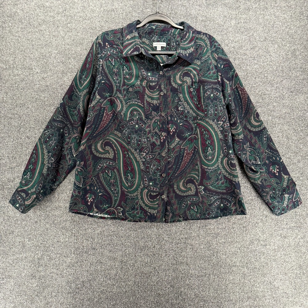 Croft & Barrow Shirt Womens XL Green Paisley Soft Button Up Long Sleeve Boho‎